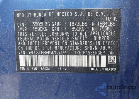 2019 Honda Fit Ex z USA, uszkodzony, nr VIN 3HGGK5H89KM753074